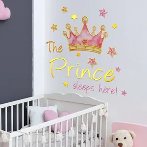 Stickers Muraux Couronne Aquarelle Rose Marquage À Chaud Doré The Prince Sleeps Here Décalcomanies Pour Chambre Bébé PVC