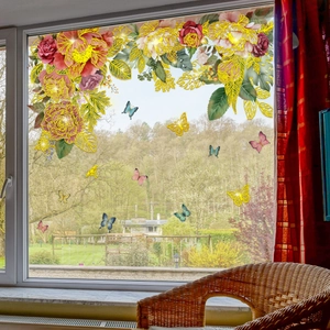 Peony flower and butterfly wall decals with gold foil outline on glass window