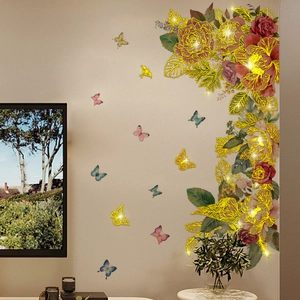 Floral wall stickers with butterflies and gold accents for living room home decor