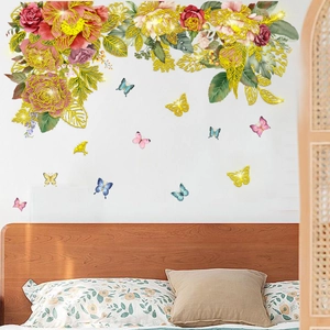 Floral wall decal with red yellow roses and gold butterflies for bedroom home decor