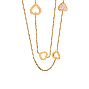 Hollow Heart Sweater Chain Necklace Titanium Steel Zircon Long Pendant Box Chain Elegant Versatile Jewelry Women