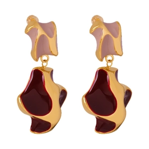 French luxury cow pattern enamel earrings in burgundy and light grey with gold accents
