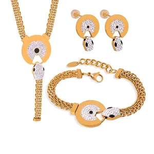 Collier Bracelet Boucle Oreille Acier Titane Strass Tête Serpent Plaque Ronde Maille Tissée Bijoux Pour Femme