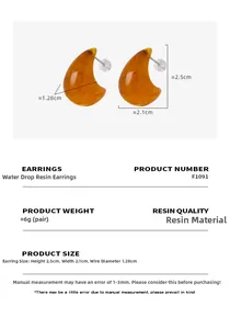 Detailed view of amber resin teardrop earrings with dimensions 2.5cm height and 2.1cm width
