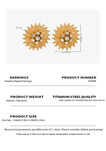 Detail shot of gear-shaped floral titanium earrings with cubic zirconia inlay and measurements