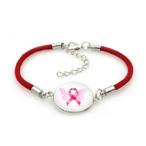 Pink ribbon breast cancer awareness bracelet with red woven cord and butterfly charm