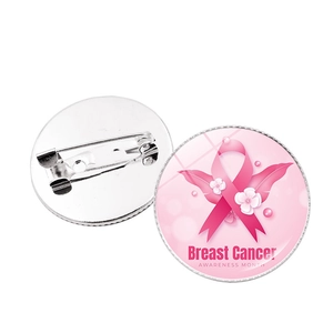 Front and back detail of Breast Cancer Awareness Month pink ribbon round brooch pin