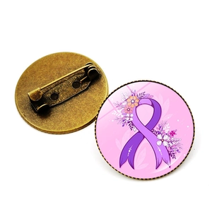 Purple ribbon enamel pin with floral design and antique bronze back for awareness support