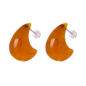 Vintage Amber Resin Teardrop Earrings With Gold Plated Stainless Steel Earring Post Bohemian Waterdrop Style For Women