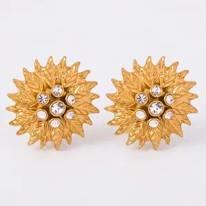 Sunflower Stud Earrings Titanium Steel Cubic Zirconia Inlaid Gold Plated Leaf Texture Retro Elegant For Women