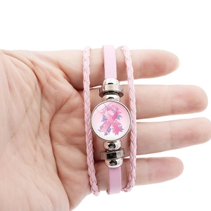 Pink ribbon breast cancer awareness multilayer leather bracelet with floral glass charm