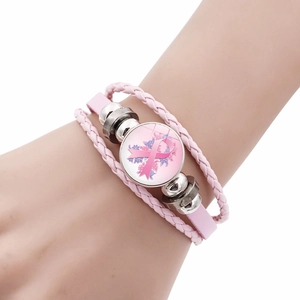 Pink ribbon breast cancer awareness multilayer leather charm bracelet for women