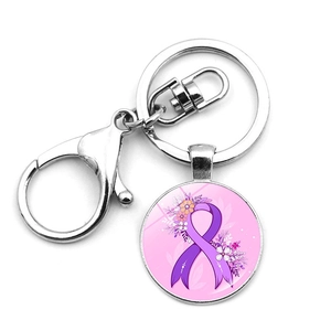 Silver metal keychain with purple ribbon and floral glass pendant for awareness causes