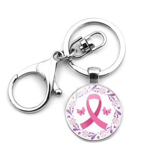 Detail of metal keychain with pink ribbon charm and pink butterfly floral patterns