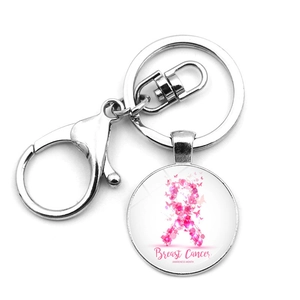 Detail of silver keyring with pink ribbon butterfly design for Breast Cancer Awareness