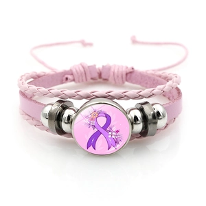 Pink layered braided leather bracelet with breast cancer awareness ribbon charm