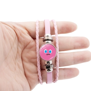 Bracciale multistrato in pelle rosa intrecciata con ciondolo sorridente per ragazze
