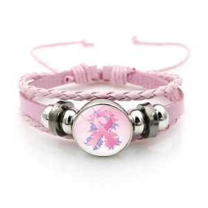 Pink Ribbon Breast Cancer Awareness Multi-layer Braided Leather Bracelet Alloy Glass Cabochon Charm Jewelry Gift Women