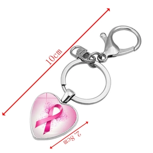 Pink ribbon breast cancer awareness heart keychain with lobster clasp and metal ring