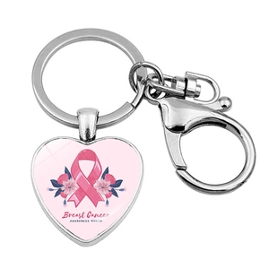 Pink ribbon breast cancer awareness heart keychain with silver metal lobster clasp