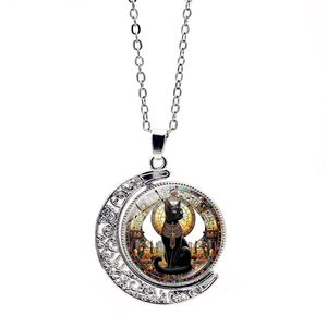 Ägyptische Bastet Katze Halskette Vintage Halbmond Anhänger Zinklegierung Glas Schmuck Ethnisch Mysteriöser Stil