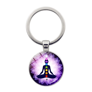 Portachiavi yoga chakra con motivo mandala viola e finitura in metallo argentato