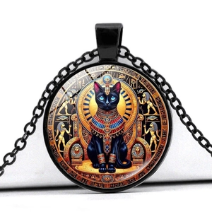 Αιγυπτιακό μενταγιόν γάτα Bastet Time Gem κολιέ με μαύρη αλυσίδα από χάντρες