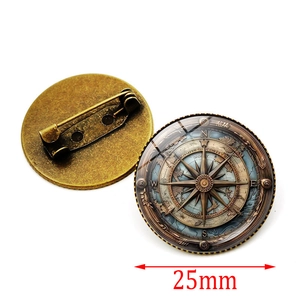 Broche boussole vintage 25mm avec dôme en verre et épingle en métal bronze