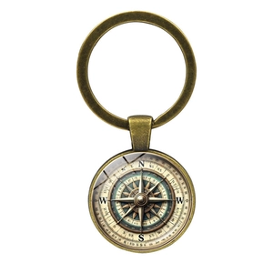 Close-up of vintage bronze nautical compass keychain with glass dome and scale detail