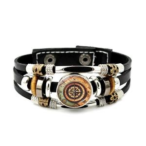 Vintage-Lederarmband im Lagenlook mit Kompass-Glasanhänger und Perlen für Damen und Herren