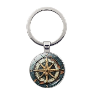 Vintage nautical compass keychain with bronze design and polished silver metal ring