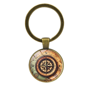 Vintage bronze nautical compass keychain with world map design and glass pendant