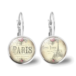 Pendientes Colgantes Vintage París Torre Eiffel Aleación Vidrio Cierre Ballestilla para Mujer Patrón Floral Retro Plata Bronce Joyería Moda Regalo