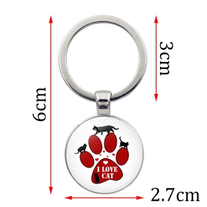 I Love Cat keychain with black feline silhouette and red paw print, 6cm total length