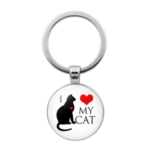 Detailed view of silver cat keychain with glass pendant featuring I Love My Cat design