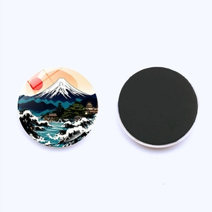 Set of round Japanese style fridge magnets featuring Mount Fuji and Great Wave designs