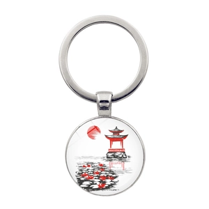 Portachiavi tondo argento con ciondolo arte giapponese monte Fuji e padiglione rosso