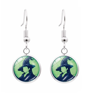 Boucles d'oreilles pendantes sorcière Elphaba Glinda avec cabochon en verre vert