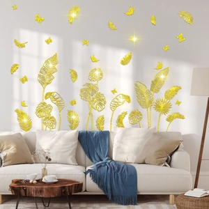 Golden tropical leaves and butterfly wall decals for modern living room decor