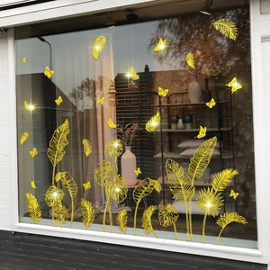 Golden tropical palm leaf and butterfly wall stickers for modern home window decoration