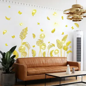 Tropical Leaves Wall Stickers Gold Stamping Monstera Butterfly Waterproof PVC Self Adhesive Home Decor For Living Room