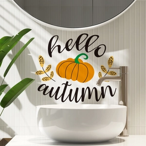 Modern orange pumpkin wall sticker with hello autumn text on a white tile background