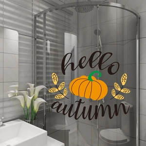 Hello Autumn window sticker with orange pumpkin and floral motifs for home glass decor