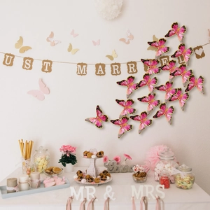Papillons 3D décoratifs en dégradé rose et violet avec bords dorés pour décoration
