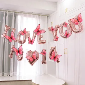 Kit de ballons I LOVE YOU or rose avec autocollants papillons 3D roses pour décoration