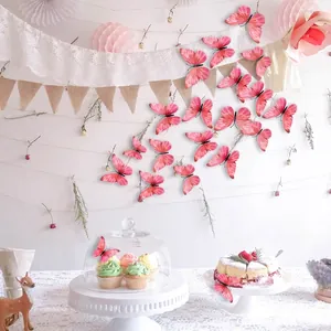 Stickers muraux papillons 3D roses avec doubles ailes pour décoration de fête