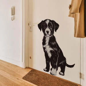 Creative black and white dog door sticker with realistic hand-drawn puppy design on a white door