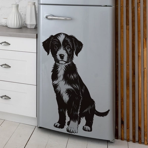 Realistic black and white puppy wall decal applied to a modern silver refrigerator surface