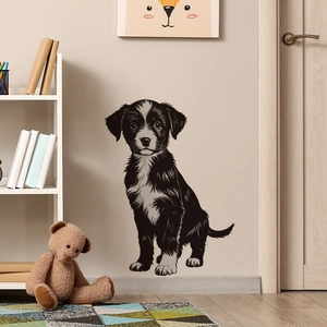 Realistic black dog wall decal shown in a cozy children room with warm home decor