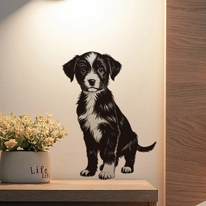 Detail of artistic hand-drawn puppy wall sticker on a neutral living room wall